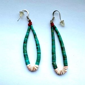 Turquoise, shell, and coral heishi “jacia” earrings.